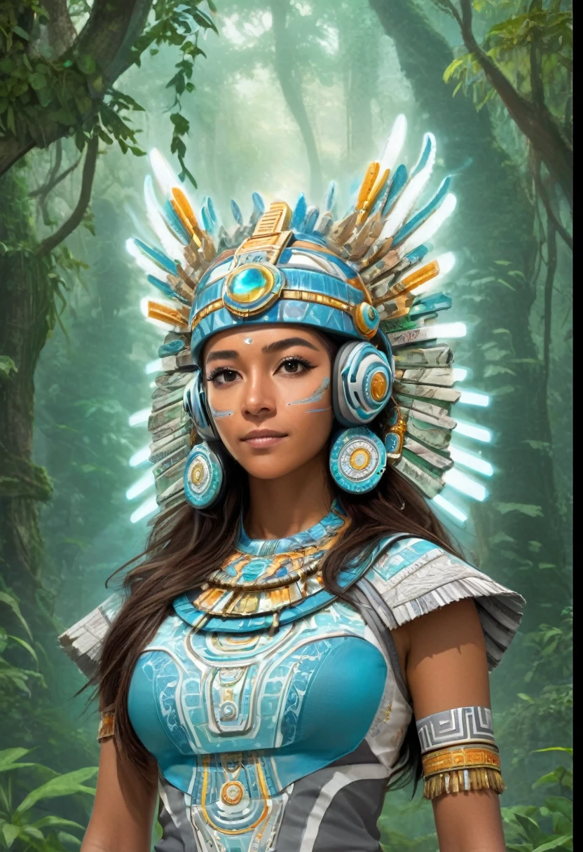 A youthful Latina woman, standing in the forest, with Mayan temples behind her. She is dressed in ancestral fashion with a futuristic modern style. Her headdress is like an ancient Aztec sculpture but with advanced tech, headphones headdress, aztec-mayan headdress, and LED lights. The year is 2222. She is set in a retro-futuristic world, surrounded by mystical sparkles that resemble blue-white blinking fireflies. The fusion of mystery and ancestry with advanced technology creates a unique atmosphere. Myan temples on in the distance. She is wearing a backpack and is shown from the waist up, heading to out on a quest to learn about ancient wisdom and new technology."
