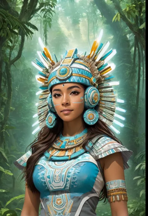 a youthful latina woman, standing in the forest, with mayan temples behind her. she is dressed in ancestral fashion with a futur...