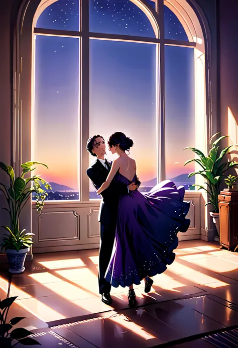 In an Art Deco Ballroom in the 1920s, an French window with arched top leads to a balcony, Outside, it's dusk, and small stars a...