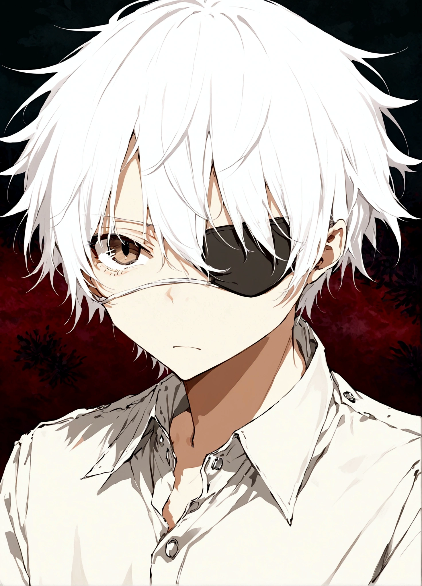 1boy，black eyes，White hair，White eye patch，Collared shirt，shut up，Simple background，solo，