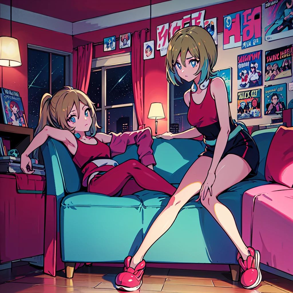 (masterpiece), Highest quality, Expressive eyes, Neon pastel aesthetics, Retro 90s, Neon color,((Girl sitting on sofa,In a cozy room,Records hanging on her wall, Comic books on the floor, Looking out the window behind her at the night city, Upholstered room, Anime figures lined up on a shelf)), Wearing headphones, (All around her it sparkles), (wearing thick colorful sneakers), (blue eyes), (Soft look), (Synthwave Art Style), Colorful Hair, Desk with PC set up