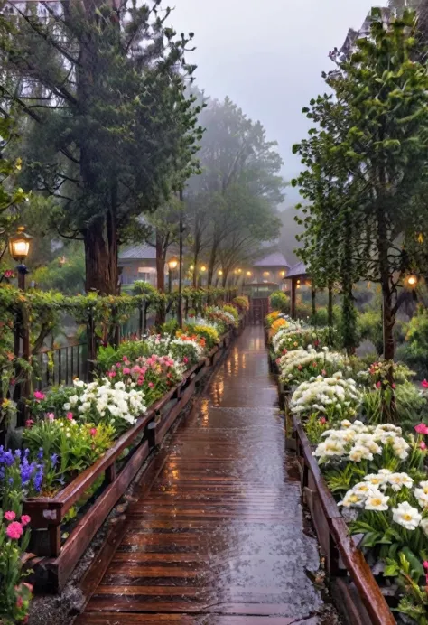 heavy rain, midnight , foggy and raining, wet , the path stretches along a wooden promenade filled with small flower