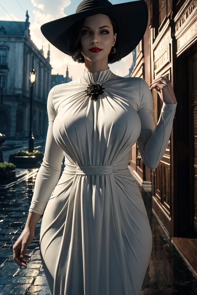 Resident Evil 8,Madame Dumitrescu,Short Hair,Pure white skin,Golden eyes,tall,White long dress,Black hat, black rose brooch,Photorealistic,Ultra HD,high quality,masterpiece,Digital SLR,Detailed details,Intricate details,Anatomical basis,Depicted in detail,A detailed face,Realistic skin texture,Vivid details,Perfect Anatomy,Perfect Anatomy,Anatomically correct hand,Anatomically correct fingers,Super Detail,Complex 3D rendering,Sexy pose,Rainy Sky,Beautiful scenery,Fantastic rainy sky,Picturesque,Red Lip,smile,