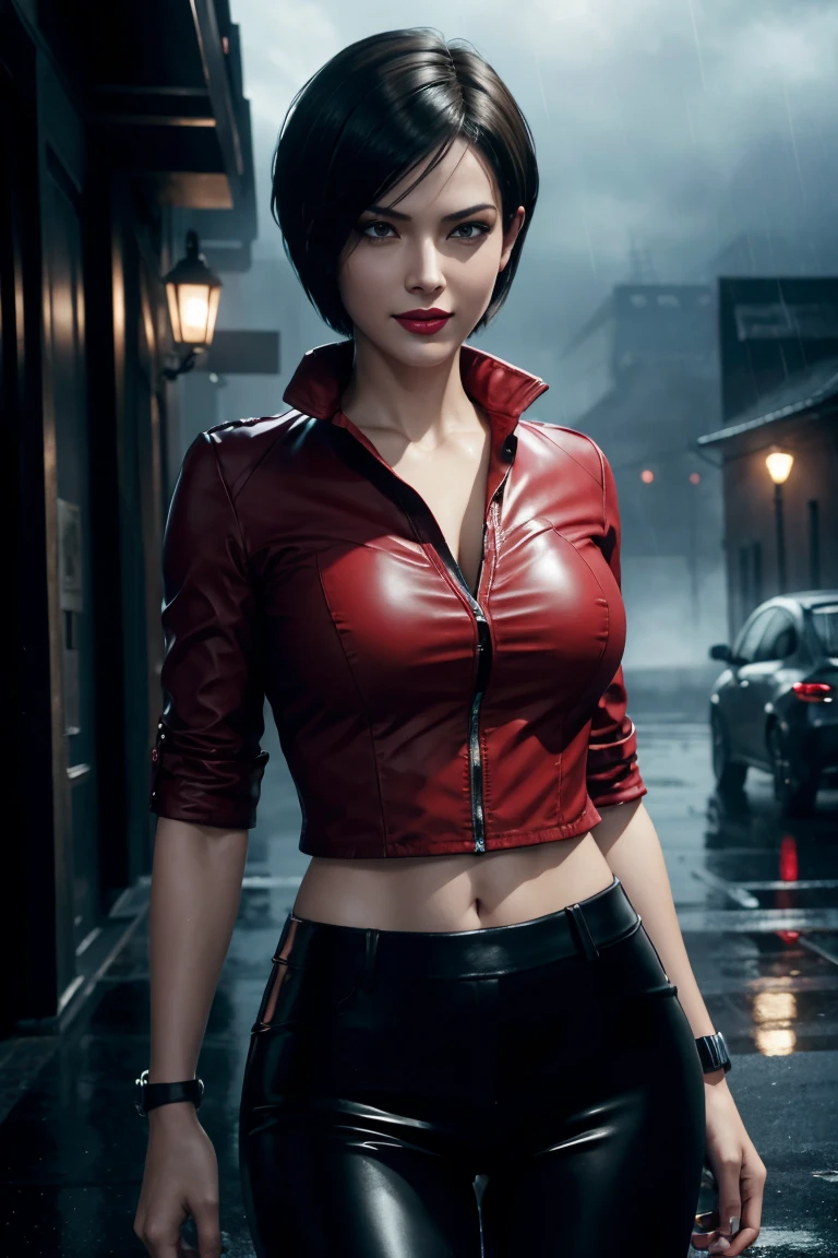 Resident Evil 6,Ada,Short Hair,Red Shirt,Stand up your collar,Black Leather Pants,Photorealistic,Ultra HD,high quality,masterpiece,Digital SLR,Detailed details,Intricate details,Anatomical basis,Depicted in detail,A detailed face,Realistic skin texture,Vivid details,Perfect Anatomy,Perfect Anatomy,Anatomically correct hand,Anatomically correct fingers,Super Detail,Complex 3D rendering,Sexy pose,Rainy Sky,Beautiful scenery,Fantastic rainy sky,Picturesque,Red Lip,smile,