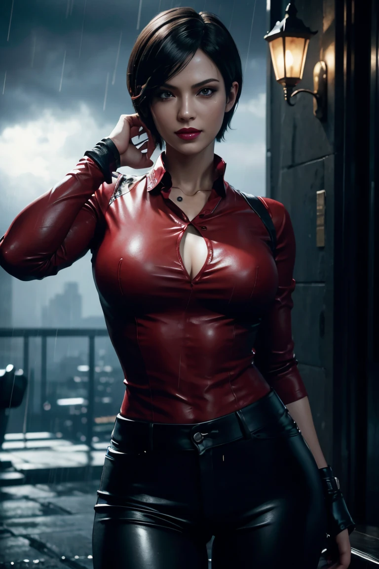 Resident Evil 6,Ada,Short Hair,Red Shirt,Stand up your collar,Black Leather Pants,Photorealistic,Ultra HD,high quality,masterpiece,Digital SLR,Detailed details,Intricate details,Anatomical basis,Depicted in detail,A detailed face,Realistic skin texture,Vivid details,Perfect Anatomy,Perfect Anatomy,Anatomically correct hand,Anatomically correct fingers,Super Detail,Complex 3D rendering,Sexy pose,Rainy Sky,Beautiful scenery,Fantastic rainy sky,Picturesque,Red Lip,smile,