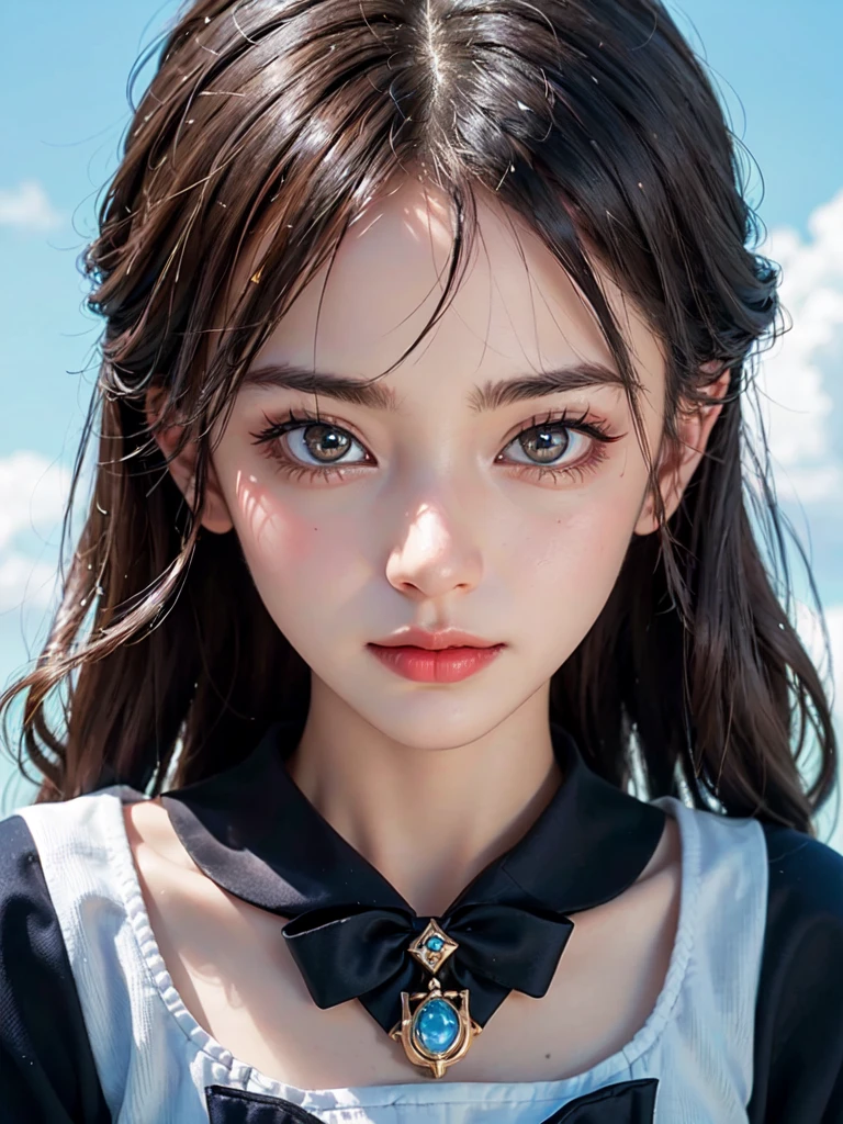 One Girl，(1人のとてもcute女の子:1.3)，masterpiece，Highest quality，High resolution，Photorealistic，RAW Photos，Ray Tracing，beautiful girl，(15 years old:1.3)，cute，Big eyes，(detailed pupils:1.2)，(The face is facing straight ahead:1.3)，Body facing forward，Beautiful nose，Fuller lips，Short black hair，ponytail，short hair，Detailed eyelashes，Thin eyebrows，Very fine grain definition，(Symmetrical eyes:1.3)，(Face close-up，Face Focus:1.0)，Small breasts，White and navy blue sailor suit，uniform，grassland，Blue sky and white clouds，Portrait，View Viewer，From below，Cinema Lighting，High resolution，Very detailed