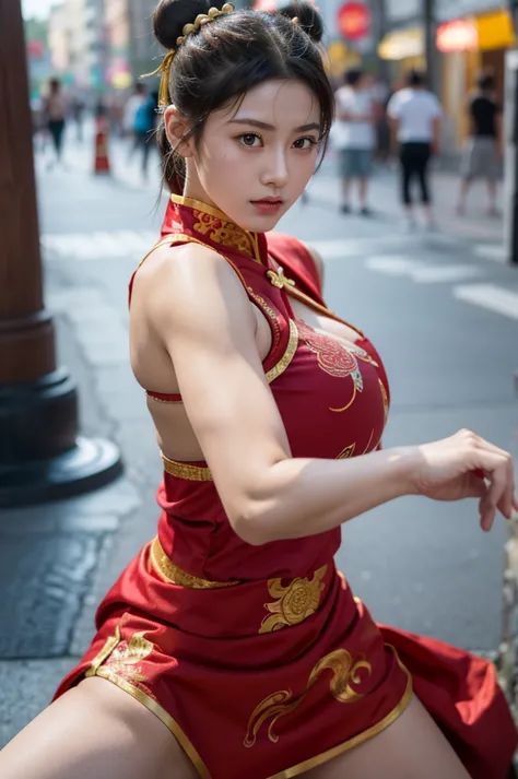 a young girl cosplayer with two bun hair, doing kung fu in the street, wearing a beautifully embroidered red Chinese dress that ...