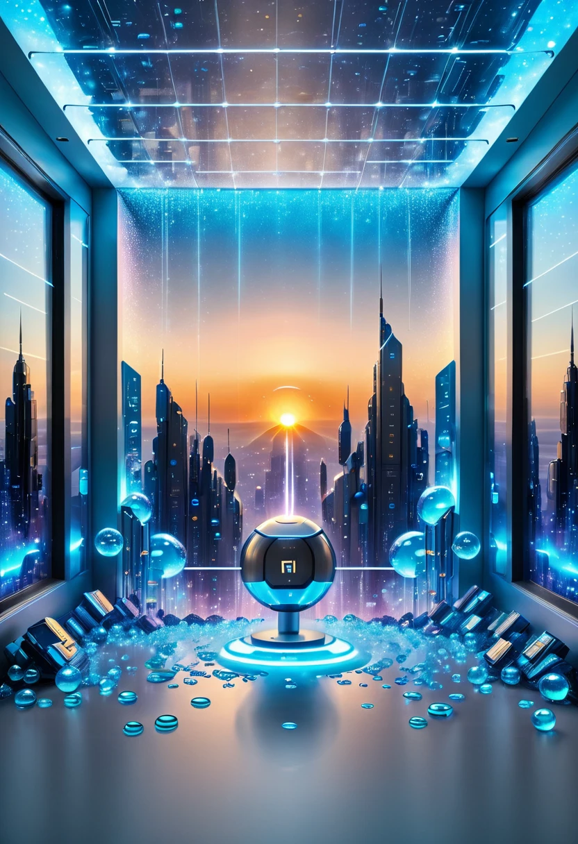 A floating  stands in a sci-fi room full of floating computer chips in bubbles, the sunrise is visible through a window in the background. Chip-designed wall lamps shine with medium light, providing gradation of gray and blue colors.