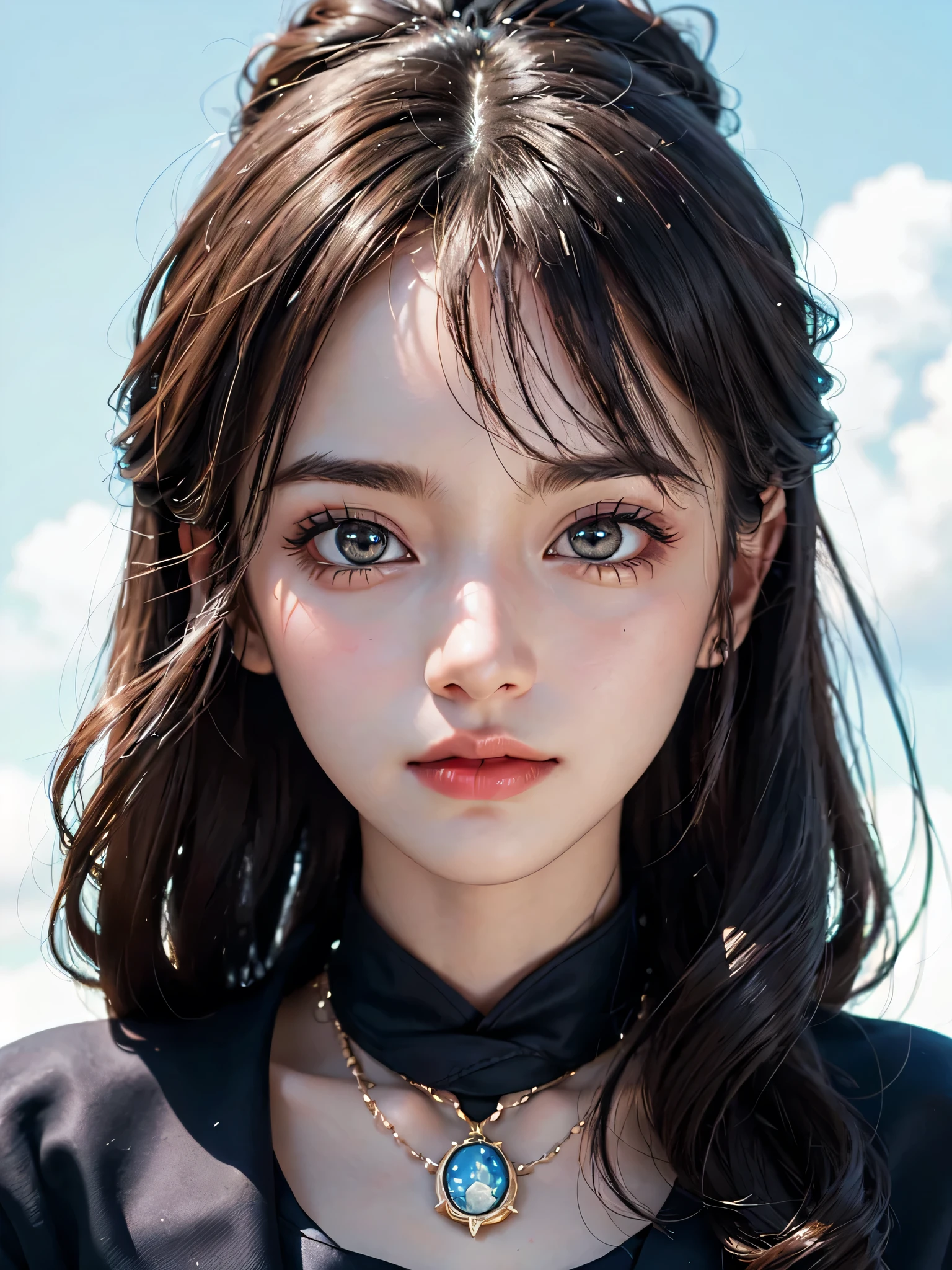 One Girl，(One very cute girl:1.3)，masterpiece，Highest quality，High resolution，Photorealistic，RAW Photos，Ray Tracing，beautiful girl，(15 years old:1.3)，cute，Big eyes，(detailed pupils:1.2)，(The face is facing straight ahead:1.3)，Body facing forward，Beautiful nose，Fuller lips，Short black hair，ponytail，short hair，Detailed eyelashes，Thin eyebrows，Very fine grain definition，(Symmetrical eyes:1.3)，(Face close-up，Face Focus:1.0)，Small breasts，White and navy blue sailor suit，uniform，grassland，Blue sky and white clouds，Portrait，View Viewer，From below，Cinema Lighting，High resolution，Very detailed