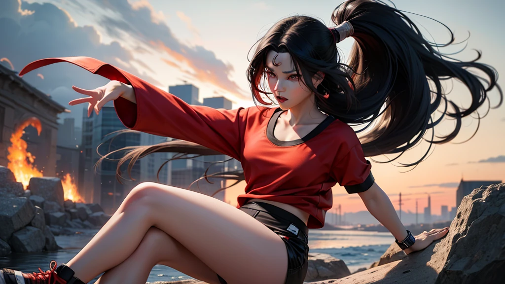 Kurenai from the anime Naruto, dark hair, long hair, Red eyes, ponytail, wear mascara, Perfect body, Perfect breasts, Beautiful woman, very beautiful, wear a red Nike sweatshirt, red joggers, wear a watch, wear earrings, wears red Nike Jordan shoes, I was at the gym, Realism, masterpiece, textured leather, Super detailed, high detail, high quality, Best quality, 1080P, HD, 16K