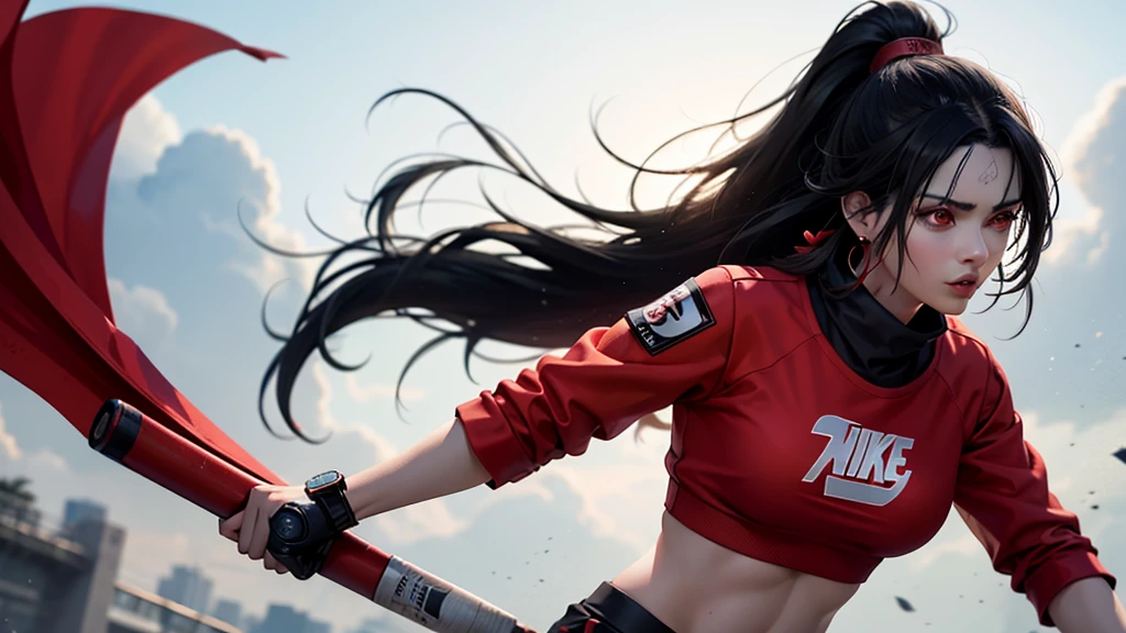 Kurenai from the anime Naruto, dark hair, long hair, Red eyes, ponytail, wear mascara, Perfect body, Perfect breasts, Beautiful woman, very beautiful, wear a red Nike sweatshirt, red joggers, wear a watch, wear earrings, wears red Nike Jordan shoes, I was at the gym, Realism, masterpiece, textured leather, Super detailed, high detail, high quality, Best quality, 1080P, HD, 16K