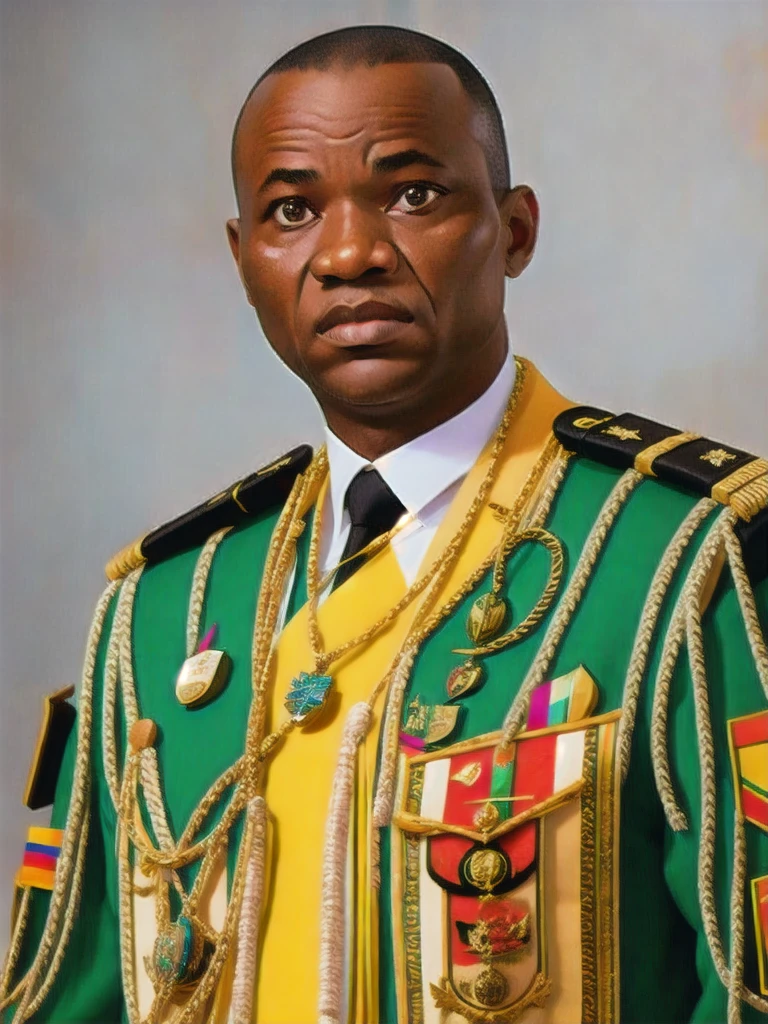 Detailed and realistic portrait of African general Oligui in costume, with white background
