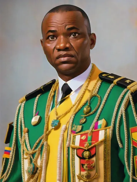 detailed and realistic portrait of african general oligui in costume, with white background