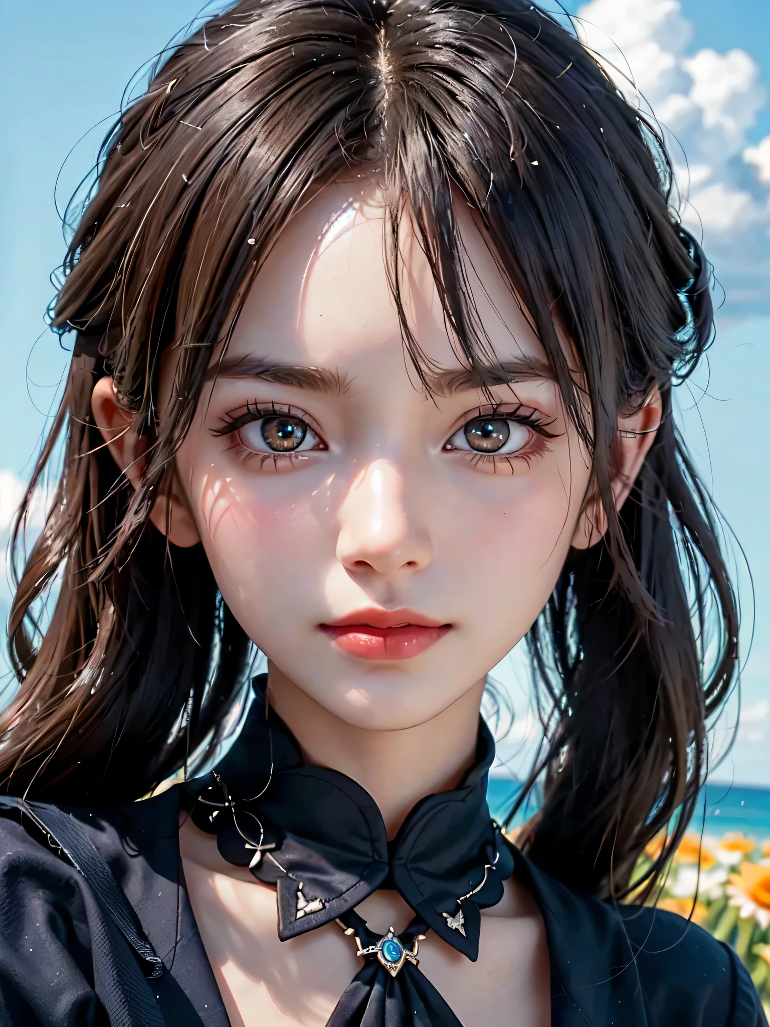 One Girl，(One very cute girl:1.3)，masterpiece，Highest quality，High resolution，Photorealistic，RAW Photos，Ray Tracing，beautiful girl，(15 years old:1.3)，cute，Big eyes，(detailed pupils:1.2)，(The face is facing straight ahead:1.3)，Body facing forward，Beautiful nose，Fuller lips，Short black hair，ponytail，short hair，Detailed eyelashes，Thin eyebrows，Very fine grain definition，(Symmetrical eyes:1.3)，(Face close-up，Face Focus:1.0)，Small breasts，White and navy blue sailor suit，uniform，grassland，Blue sky and white clouds，Portrait，View Viewer，From below，Cinema Lighting，High resolution，Very detailed