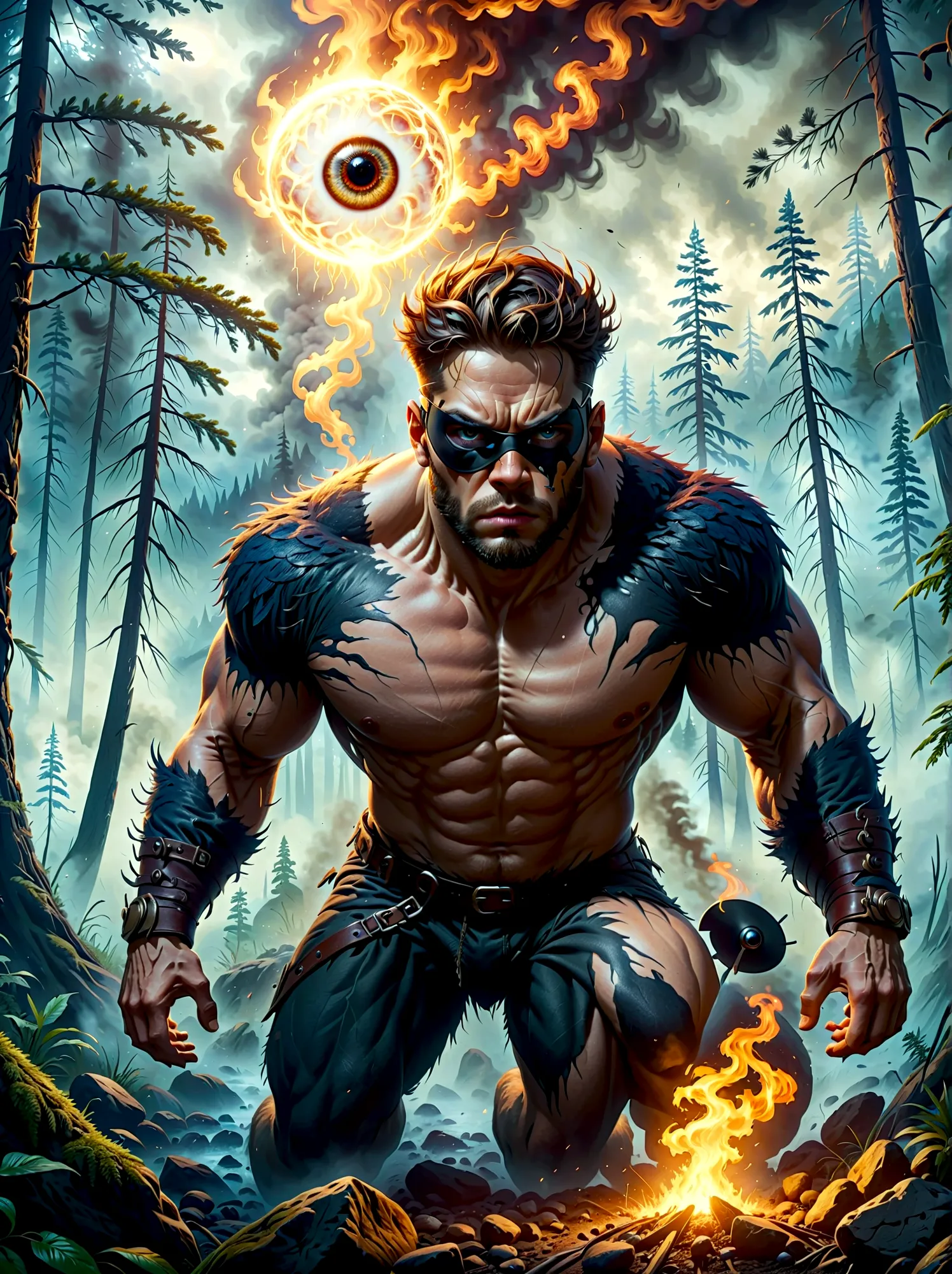 Creatures from Norse mythology，(1 Cyclops with a black eye patch:1.3)，(whole body)，Vision，powerful，Wild，Intricate details，forest...