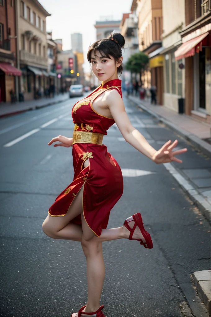 一個留著兩個髮髻的年輕女孩扮演者, 練功夫, 單腳站在街上, 穿著一件繡著精美的紅色中式連身裙，隨著她的動作，裙子在她周圍飄動, 凸顯她的優雅和力量, Chun-Li, (((巨大的乳房))), 實際的, 五指