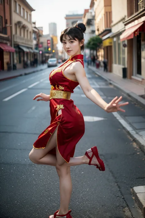 a young girl cosplayer with two bun hair, doing kung fu, standing on one leg in the street, wearing a beautifully embroidered re...