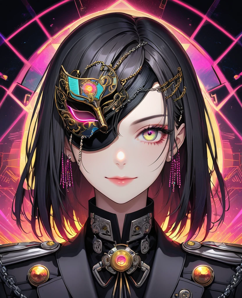 (Digital Illustration，Detailed anime style，Heavy Metal Cyberpunk，Pearl tassel eye mask，Portrait of girl wearing mask eye patch，Solitary，symmetry)，(Big colorful eyes，Fashionable and exquisite facial features，Exquisite makeup，Smooth skin，Smile，Soulful gaze，)，(Straight Hair，Hairpin)，(Black suit，Epaulettes-Chain，cool，)，(((Correct human anatomy)))，Radioactive geometric dynamic light wave background