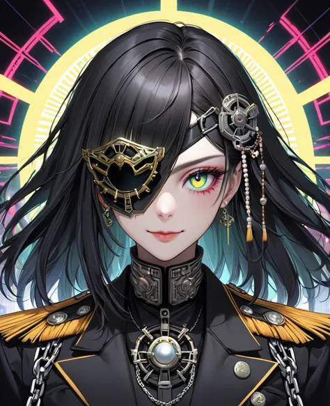 (digital illustration，detailed anime style，heavy metal cyberpunk，pearl tassel eye mask，portrait of girl wearing mask eye patch，s...