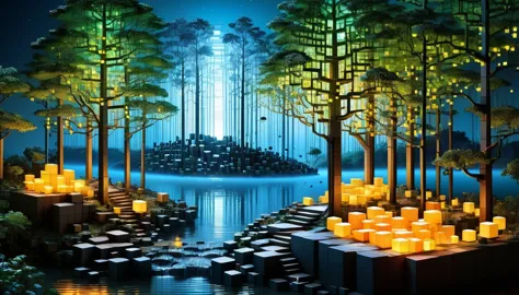 ral-3d cube tree々an enchanting forest with wildlife, surrounded by the fantastic light of fireflies ,the river flows