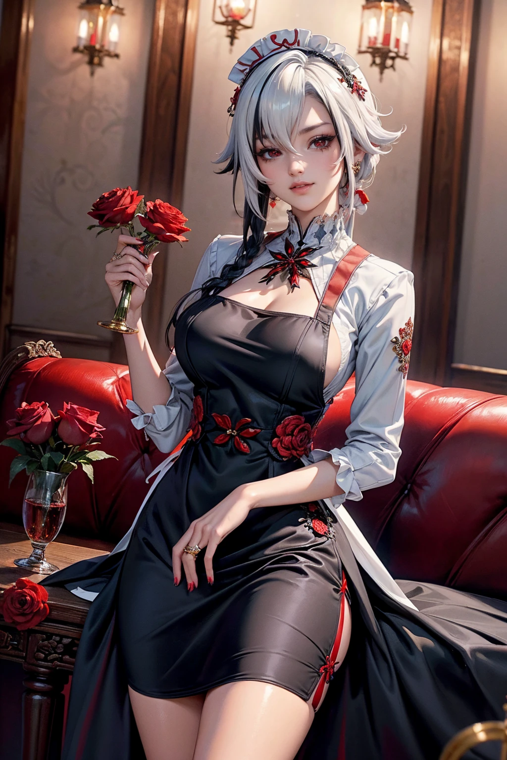 Arlecchino_(genshin impact), red roses, ornament hair, roses on her hair, maid, maid dress, maid headdress, maid apron, black hair, white hair, long hair, seat on a sofa, chinese home style, Chinese maid dress, gold lantern, white dress, more details on her clothes, golden details, night, smiling, coat,