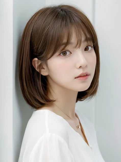 close-up of a brown-haired woman wearing a white shirt, shoulder-length hair, shoulder - length hair, medium length hair, curtai...