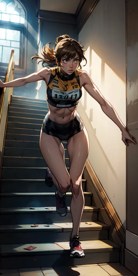 woman racing down the stairs