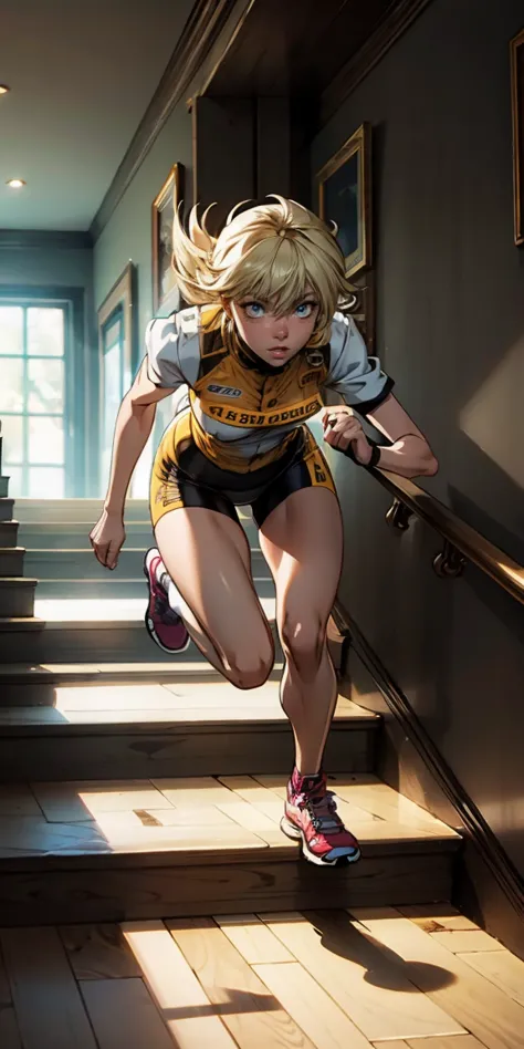 woman racing down the stairs