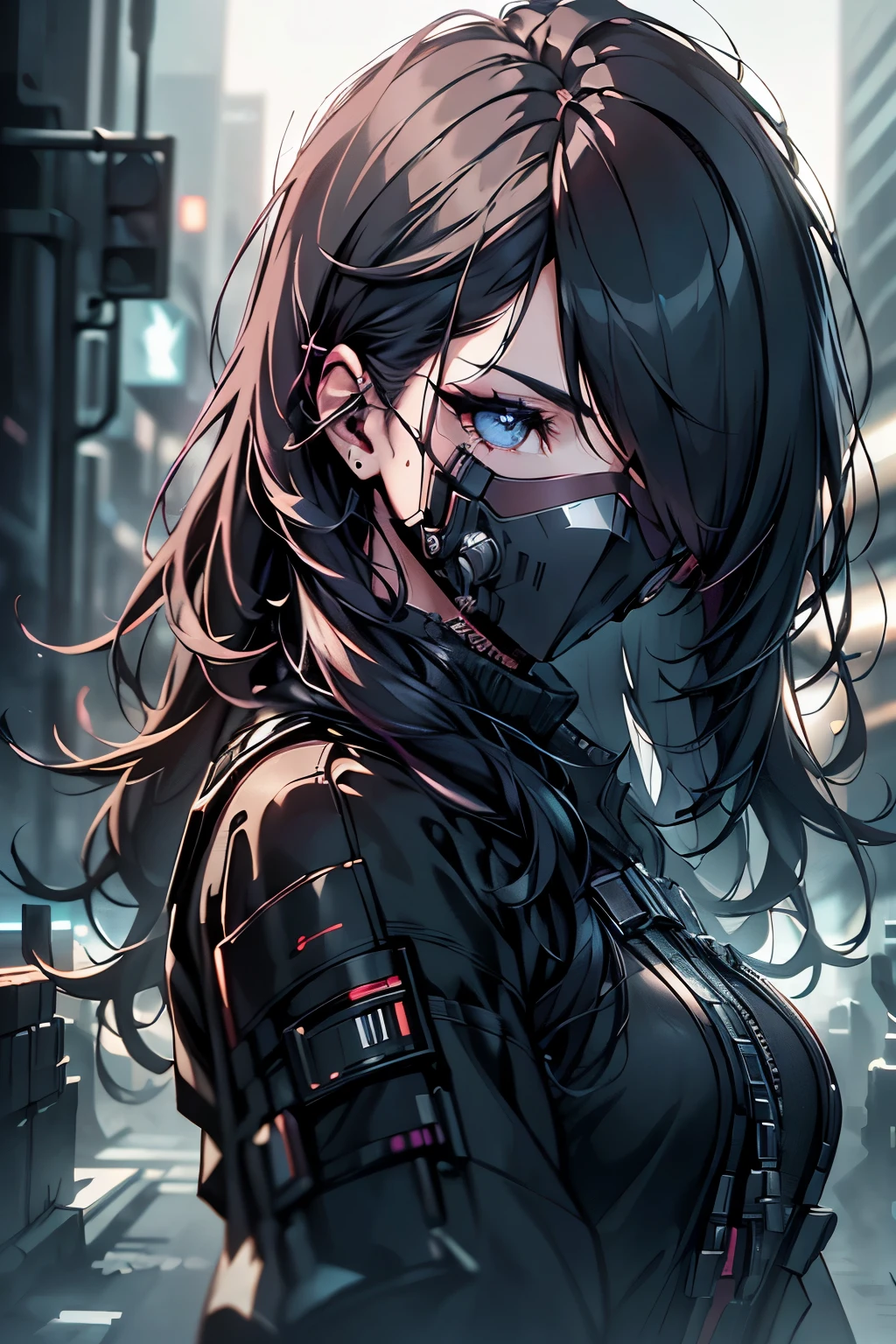 A woman wearing an eye patch, beautiful detailed eyes, beautiful detailed lips, extremely detailed eyes and face, longeyelashes, intricate cyberpunk outfit, futuristic neon city background, cinematic lighting, dramatic color palette, muted tones, moody atmosphere, (best quality,4k,8k,highres,masterpiece:1.2),ultra-detailed,(realistic,photorealistic,photo-realistic:1.37)