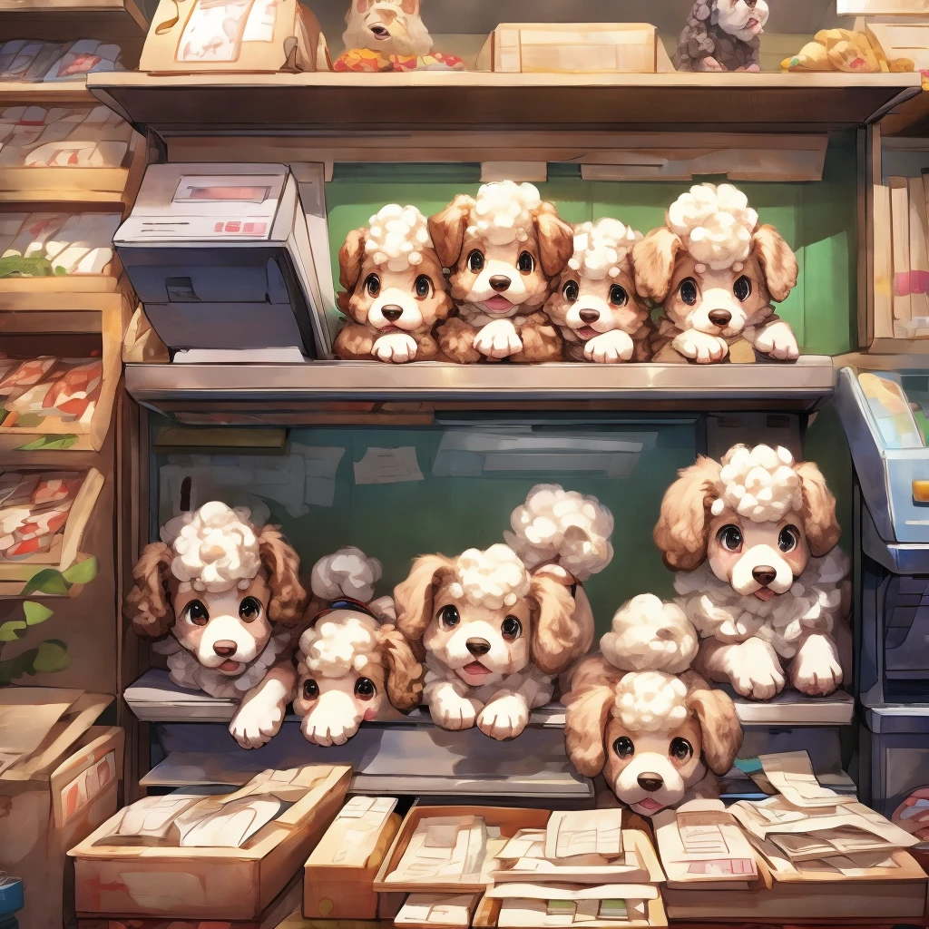 Inside the pet shop、Poodle puppies in a box on top of a cash register