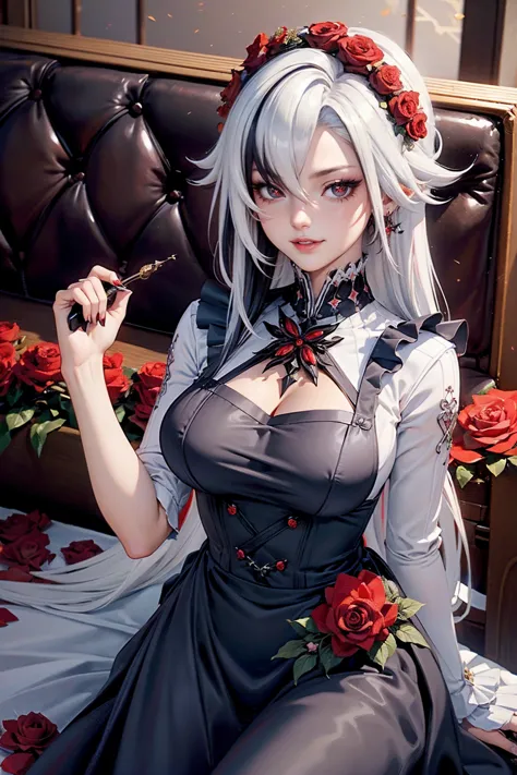 Arlecchino_(genshin impact), red roses, ornament hair, roses on her hair, maid, maid dress, maid headdress, maid apron, black ha...