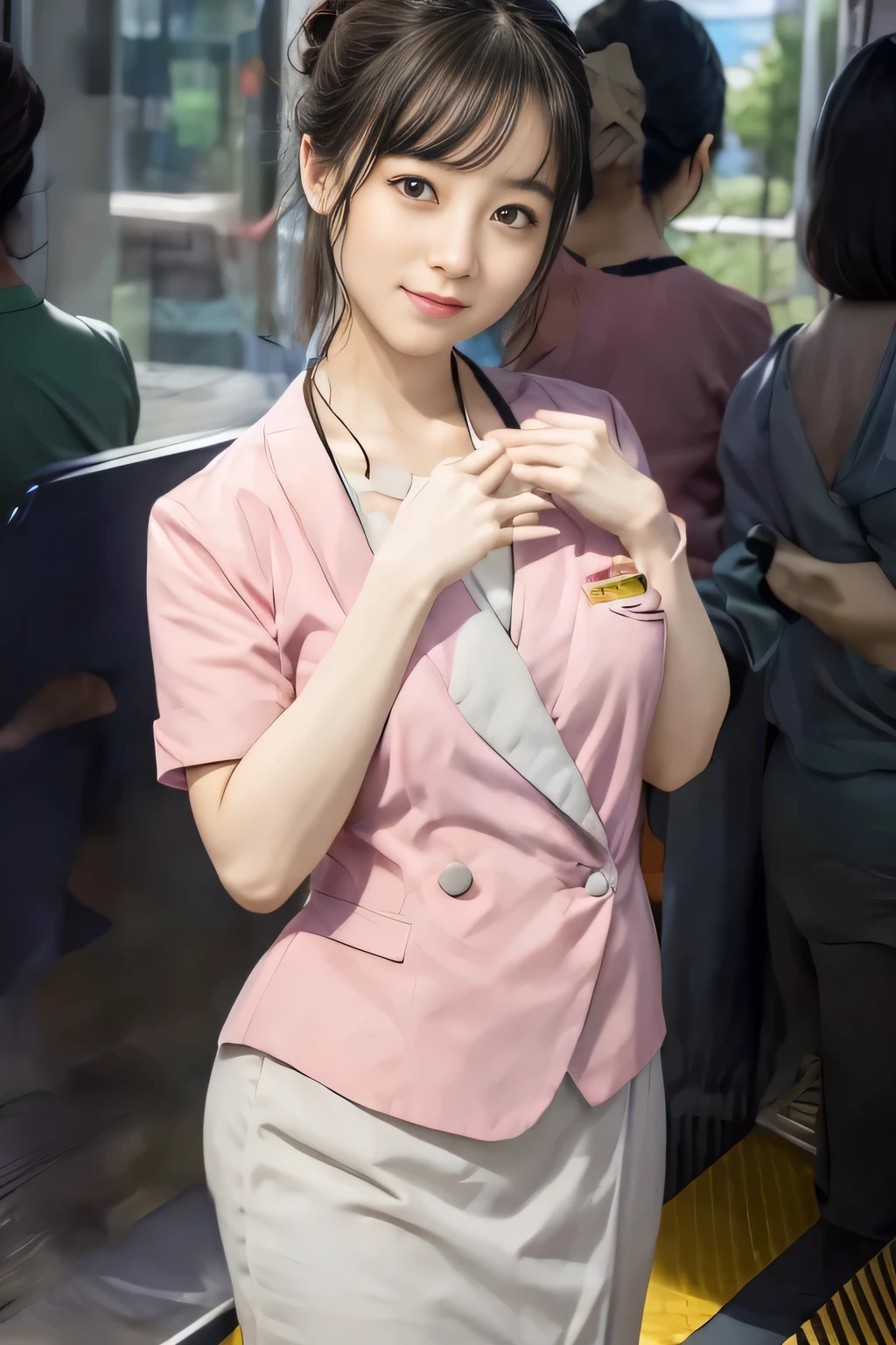 (Obra maestra:1.2, de la máxima calidad:1.2), 32K HDR, alta resolución, (alone、1 chica)、 (Altura: 160cm)、（En la azotea de un edificio durante el día.、Iluminación profesional）、Fondo de la azotea del edificio、（Estilo real con el uniforme rosa de la tripulación del tren Nankai）、（Nankai tren tripulación uniforme rosa manga corta sin cuello chaqueta rosa、Nankai Train Crew Uniform Blusa rosa de manga corta sin cuello、Nankai Train Crew Uniforme Falda pantalón hasta la rodilla rosa gris）、Cabello castaño oscuro、（cabello recogido、cabello recogido、Peinado rizado de noche）、Cabello castaño oscuro、tiro largo、pechos grandes、piernas delgadas、（（grandes manos：2.0）），（（Proporciones corporales armoniosas：1.5）），（（Extremidades normales：2.0）），（（Dedo normal：2.0）），（（ojos delicados：2.0）），（（Normal eyes：2.0））)、sonrisa、（Nankai Train Crew Uniforme Falda pantalón hasta la rodilla rosa grisを見せた美しい歩く姿）、Coloque sus manos alrededor de su estómago、Tarjeta de identificación de empleado con cordón