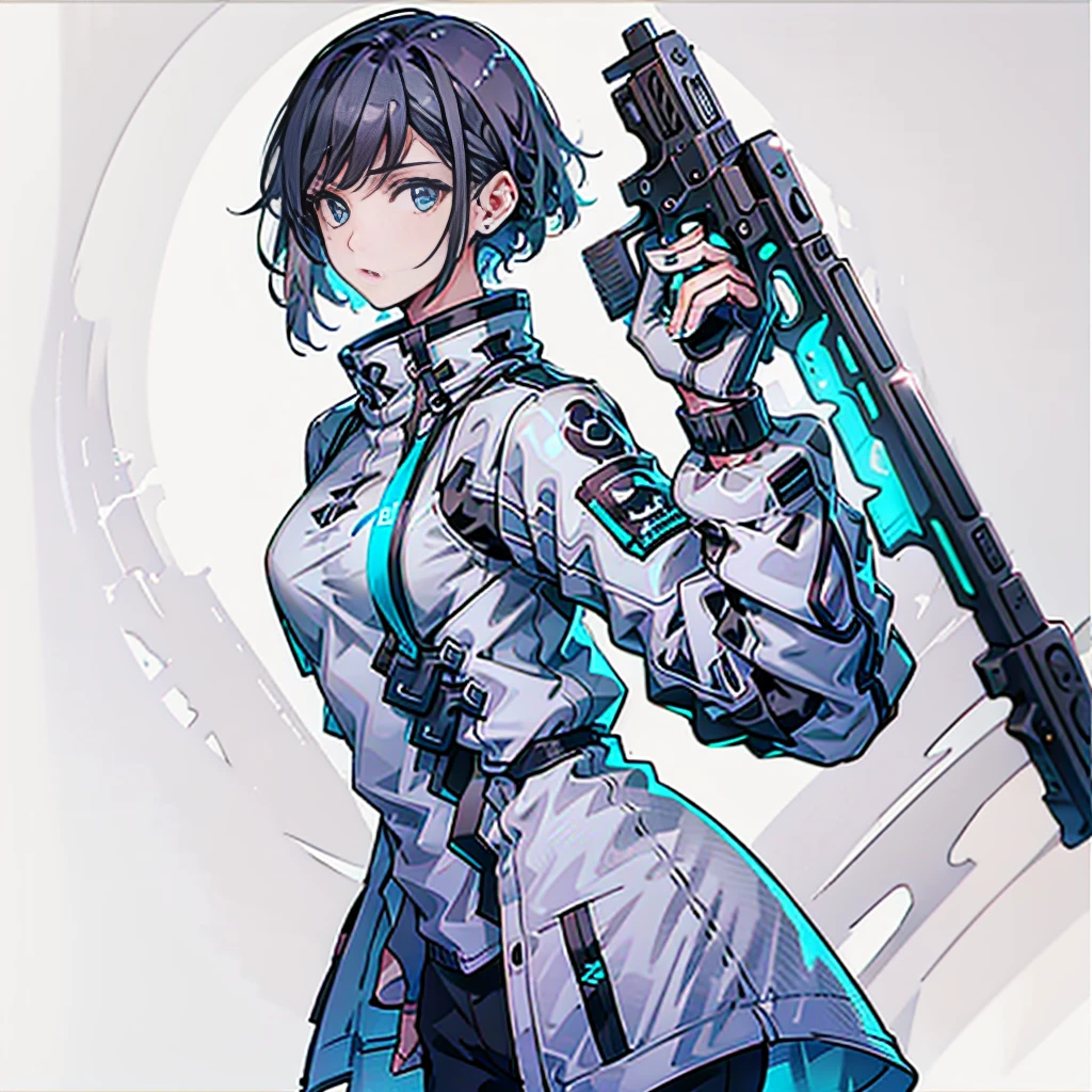 (Tabletop:1.2, Highest quality), [One Girl, Expressionless, Turquoise Eyes, Jet black hair,Half shorthair, White jacket, Take off your jacket, Black Inner,Model pose, Upper Body] (Gray white background:1.7),gun,pistol