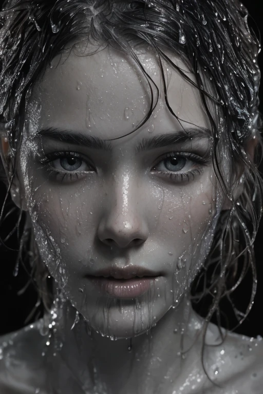 a black and white photo of a woman with wet hair, rain drops on face, wet face, raining portrait, by irakli nadar, covered in water drops, close - up portrait shot, close up portrait shot, portrait of barbara palvin, 8k artistic portrait photography, wet shiny skin, wet hair, soaked, close up portrait photo, dewy skin