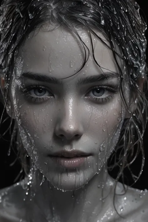 a black and white photo of a woman with wet hair, rain drops on face, wet face, raining portrait, by irakli nadar, covered in wa...