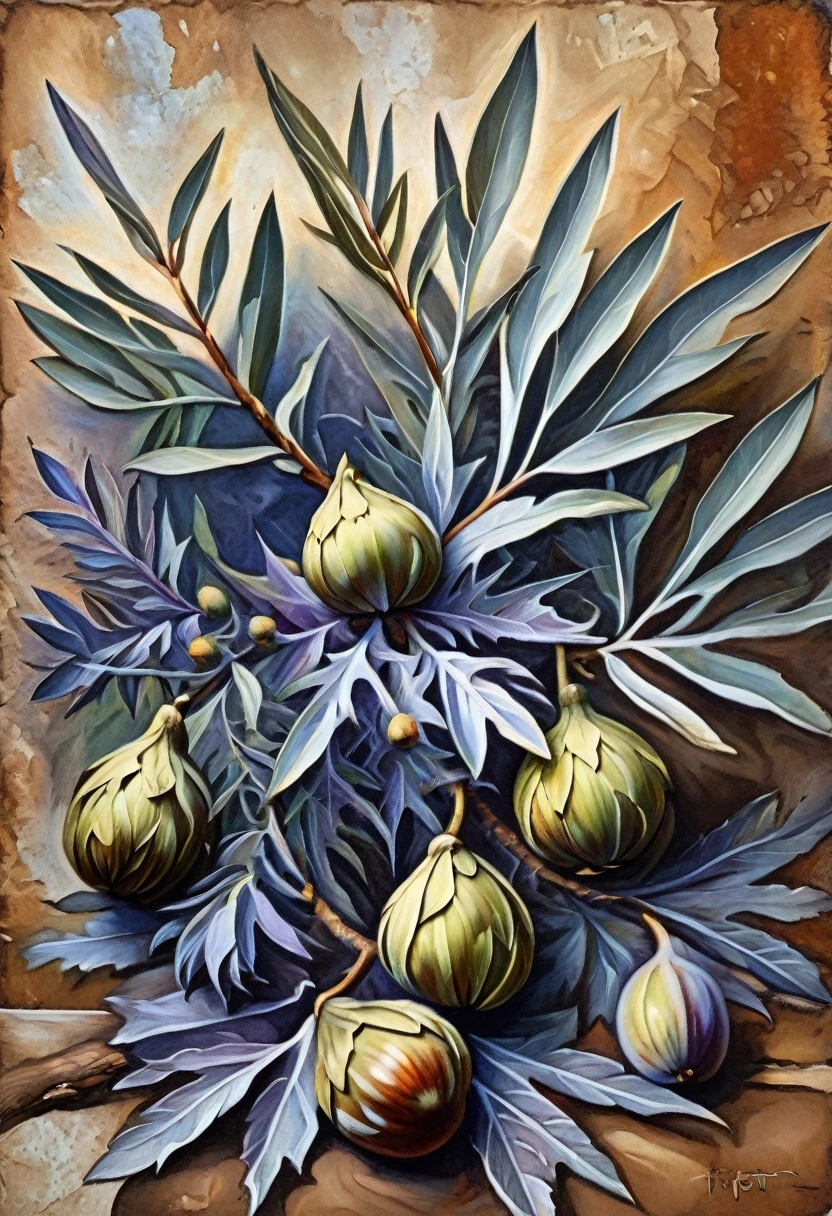 Oil painting, vintage, complex background with streaks and rust, olive branch, olive artichoke, fig, emotionally, Expression, cool drawing, drawing, frame depth, difficult angle, drawing with colored pencils and ink, Clear drawing of details, professional classic style painting naturalistic high quality resolution