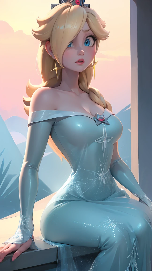 (best quality). (ultra detaild). (1girl), Looking at Viewer. (detailed backgrounds). beautiful detailed eyes. delicate beautiful face. (high saturation), breasts big, droopy breasts, (((sexy Elsa outfit))),