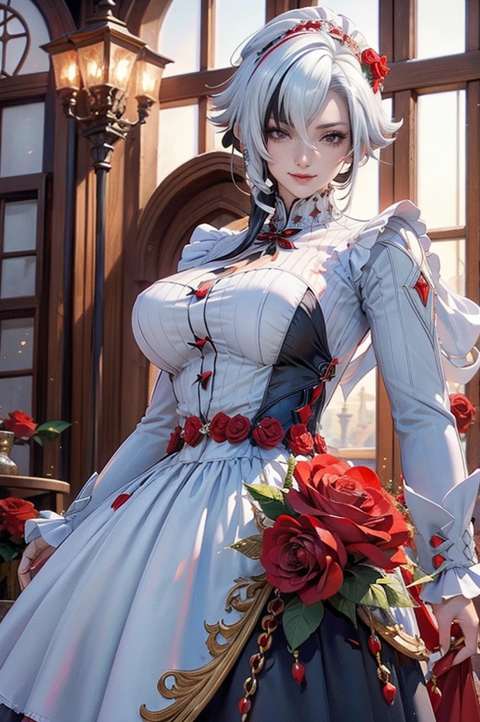 Arlecchino_(genshin impact), red roses, ornament hair, roses on her hair, maid, maid dress, maid headdress, maid apron, black hair, white hair, long hair, stand up close to window, medieval style, medieval maid dress, gold lantern, white dress, more details on her clothes, golden details, night, smiling, coat,