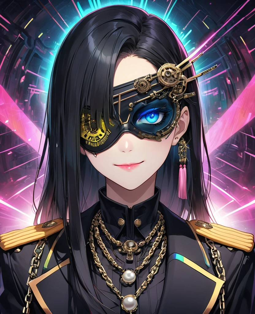 (Digital Illustration，Detailed anime style，Heavy Metal Cyberpunk，Pearl tassel eye mask，Portrait of girl wearing mask eye patch，Solitary，symmetry)，(Big colorful eyes，Fashionable and exquisite facial features，Exquisite makeup，Smooth skin，Smile，Soulful gaze，)，(Straight Hair，Hairpin)，(Black suit，Epaulettes-Chain，cool，)，(((Correct human anatomy)))，，out a hand：1.37.Radioactive geometric dynamic light wave background