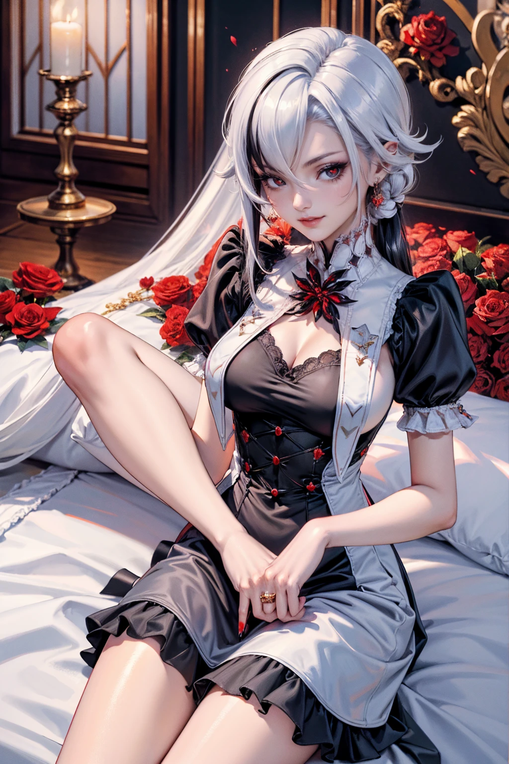 Arlecchino_(genshin impact), red roses, jewelry, ornament hair, roses on her hair, maid, maid dress, maid headdress, maid apron, black hair, white hair, long hair, seat on a bed, gothic style, gothic maid dress, black lantern, white dress, more details on her clothes, golden details, night, smiling, coat,