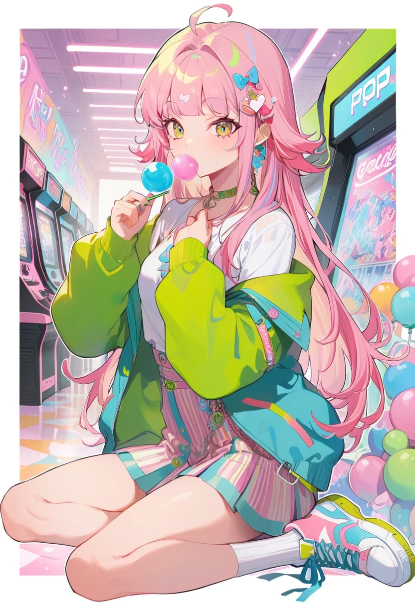 1girl, eating bubble gum, multi colored hair, shoulder length hair, retro outfit, sneakers, side eye, sitting, hyper pop, at arcade, retro vibe, outline, masterpiece, best quality, 