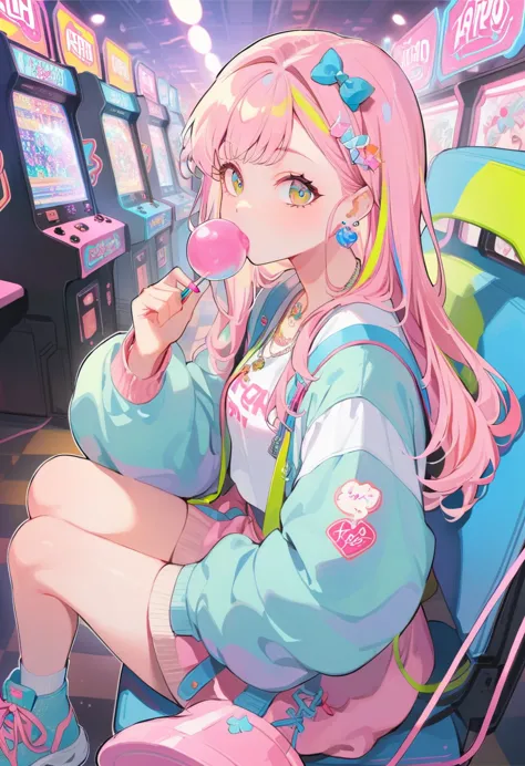 1girl, eating bubble gum, multi colored hair, shoulder length hair, retro outfit, sneakers, side eye, sitting, hyper pop, at arc...