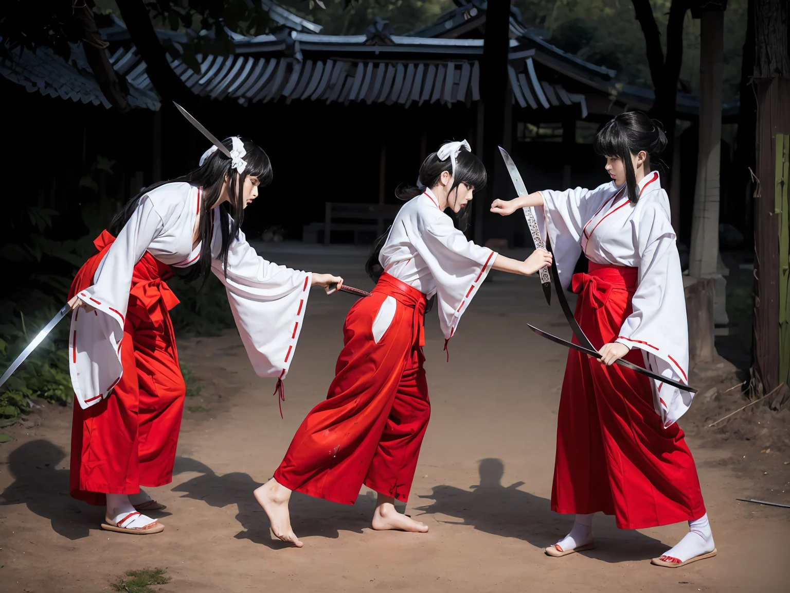 (highest quality, masterpiece, High resolution, Female samurai and female samurai kill each other in the bamboo forest), ((sweating:1.1)), (((Killing a female samurai with a sword))), (two young women), ((facing each other: 1.2)), solo, black hair, long hair, purple eyes, hime cut, japanese clothes, miko, holding weapon, katana, standing, outdoors, full body, angry expression score_9, score_8_up, score_7_up, score_6_up, score_5_up, score_4_up, BREAK source_anime, masterpiece, (erect nipples), (blood: 1.2), (evil: 1.1), female samurai style, kimono, ((furisode)), red hakama, (wearing red hakama: 1.5), ((kimono covered breasts)), (white tabi ankle socks: 1.3), very large breasts, black hair, red hakama wide pants, red hakama pleated pants, swinging sword, (blood flowing: 1.2), (blood splatter: 1.2), ((killing each other, samurai sword duel))