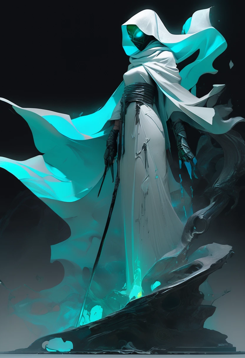 In the ruined  broken satanic statue temple, a lone assassin emerges from the shadows. Clad in a white hijab, wear a cyan scarfs as mask, wind effect, she grasps dual daggers adorned with abstract art that shimmers with a mesmerizing cyan neon glow. the cyan aura slowly merging and morphing as serpent aura around her hands. ultra realistic, ultra details, cinematic, dramatic shadow, aura effect, d.o.f photography style, 