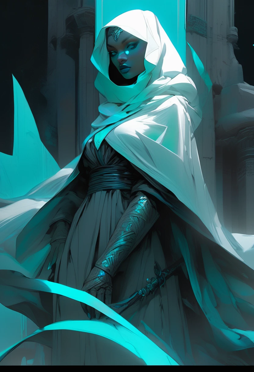 In the ruined  broken satanic statue temple, a lone assassin emerges from the shadows. Clad in a white hijab, wear a cyan scarfs as mask, wind effect, she grasps dual daggers adorned with abstract art that shimmers with a mesmerizing cyan neon glow. the cyan aura slowly merging and morphing as serpent aura around her hands. ultra realistic, ultra details, cinematic, dramatic shadow, aura effect, d.o.f photography style, 