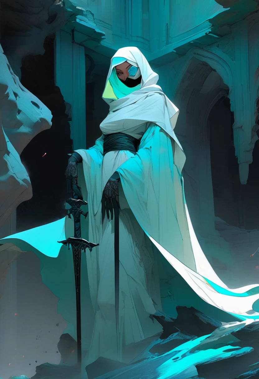 In the ruined  broken satanic statue temple, a lone assassin emerges from the shadows. Clad in a white hijab, wear a cyan scarfs as mask, wind effect, she grasps dual daggers adorned with abstract art that shimmers with a mesmerizing cyan neon glow. the cyan aura slowly merging and morphing as serpent aura around her hands. ultra realistic, ultra details, cinematic, dramatic shadow, aura effect, d.o.f photography style, 