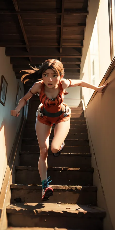woman racing down the stairs