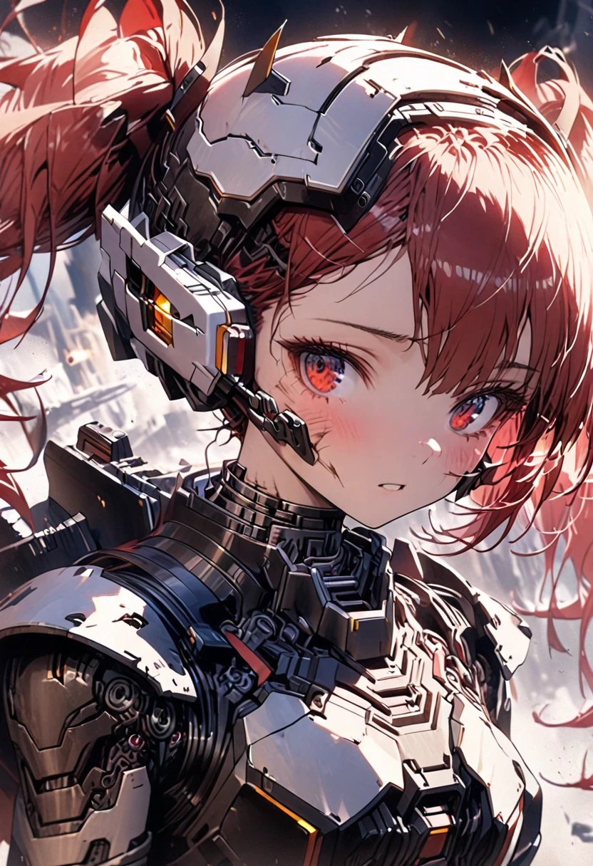 robot girl, 1girl, red hair, twin tails, red eyes, white and gray camouflage clothing, flashy robot armor, holding  long range rifle, robot-like helmet, scouter in one eye, half of the face has peeled off, cyborg base visible, face full of scars, close up face, shot from an angle, 4k, 8k, best quality, hyper-detailed, intricate details, cinematic lighting, dramatic colors, concept art style