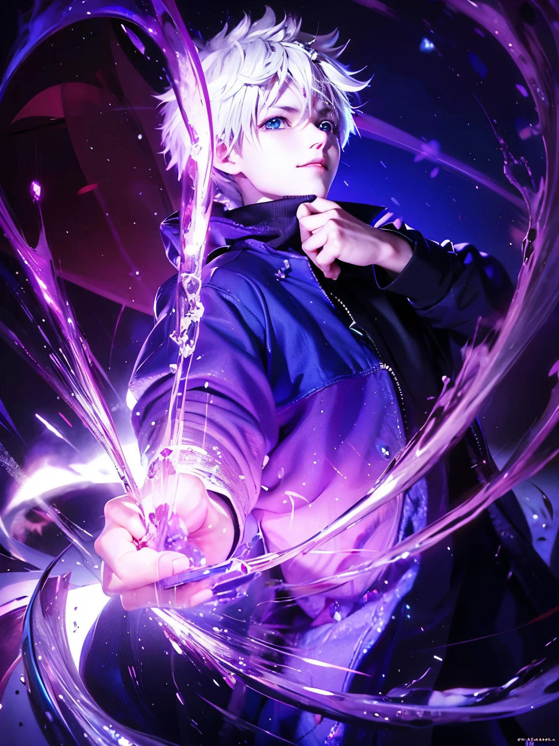 Close-up of a person holding a purple object in his hand, nagito komaeda, Killua Zoldyck, Art Style, Best anime 4K Kona-chan wallpapers,  Portraiture, nagito komaeda from danganronpa, ufotableのArt Style, Hajime Yatate、Highest quality、gojo satoru、blue eyes、Crystal-like eyes、Silver Hair Spiky