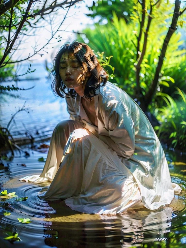 Best quality, ultra high res, full body shot from a danish pretty women wearing white transparent raincoat with floral sundress standing in between fallen trees and looking around, she is submerged in water in the dark swamps, realistic skin, rain drop, dynamic light and shadow, cinematic lighting, dynamic angle, short hair, perfect face and eyes, zenit analog camera shot with 35mm lens f/2.0, beautiful bokeh, cinematic film looks, aesthetic photorealistic, original photo in 2024